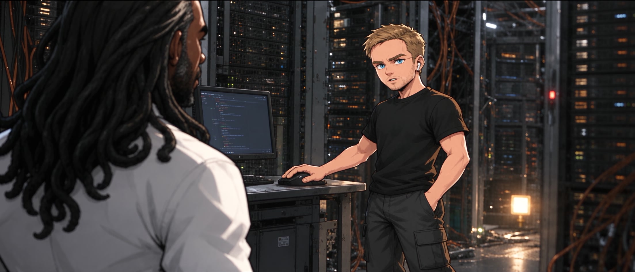Jack looks right toward Karega, one hand by the mouse and the other palm raised matter-of-factly.