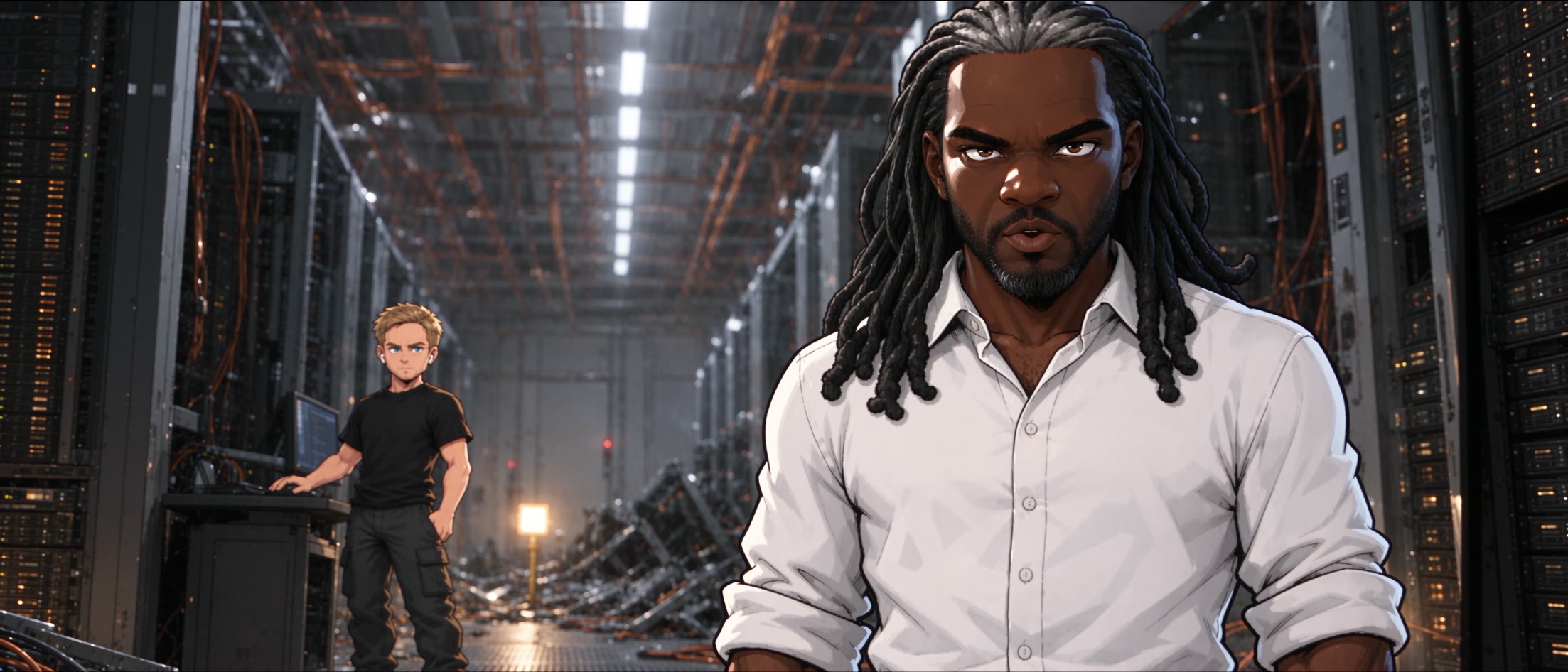 Karega’s narrowed eyes hold a grave, final stare beneath silver-accented locs.